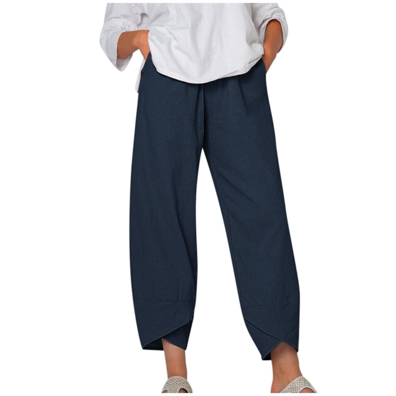 Linen Capri Pants for Womens Casual Cotton Cropped Elastic Waist Lounge Baggy Palazzo Trousers with Pockets
