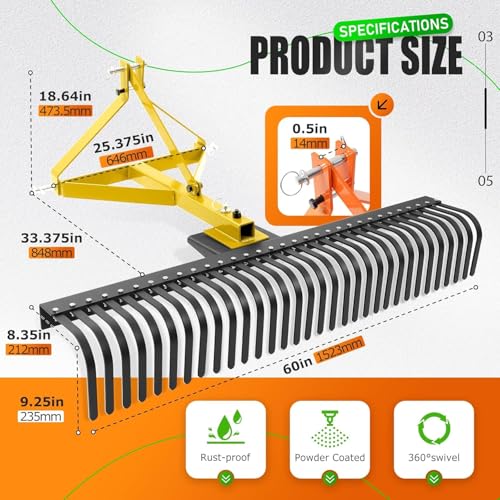 KUAFU 60In Landscape Rake, 3 Point Rake, 360 Rotation Compatible with Category 1, Cat1 Tractors Tow-Behind Garden Tool for Garden, Farm, Clearing Brush, Raking Arenas 2 Package Yellow