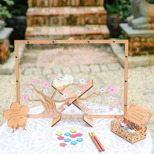 Image of Rustic Fall Maple Tree Wedding Guest Book Alternative with Drop Leaves | Personalized autumn leaf drop box frame with sign-in leaves for custom names and date, rustic fall wedding decor