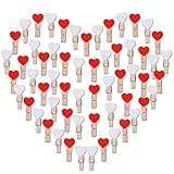 AONER 100 pz Mini Mollette Legno Mollettine Decorative Cuore Bianche Rosse per Foto Biglietti Scrapbooking Matrimonio (BIANCO 50 + ROSSO 50)