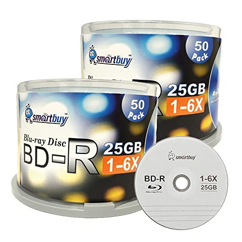 Smartbuy 100 Pack Bd-r 25gb 6X Blu-ray Single Layer Recordable Disc Logo Top Blank Data Video Media 100 Disc Spindle