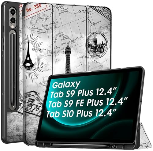 Image of Robustrion Cover for Samsung Galaxy Tab S9 FE+ / Tab S10 Plus /Tab S9 Plus 12.4 inch Cover Case with [S Pen Holder] for Samsung Tab S9 FE Plus / S9+ / S10+ Tablet Cover [Auto Sleep /Wake] - Eiffel
