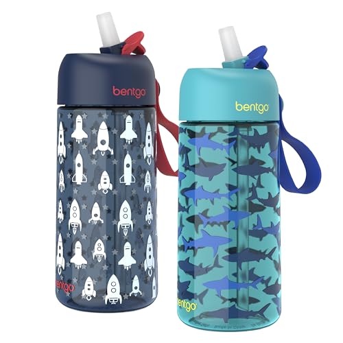 Bentgo Kids Water Bottle 2-Pack - Leak-Proof Durable Tritan BPA-Free 15 oz Cup for Kids/Toddlers Ages 3+; Bite & Sip Spout + Dishwasher Safe for School/Sports/Daycare/Camp (Rocket/Shark)