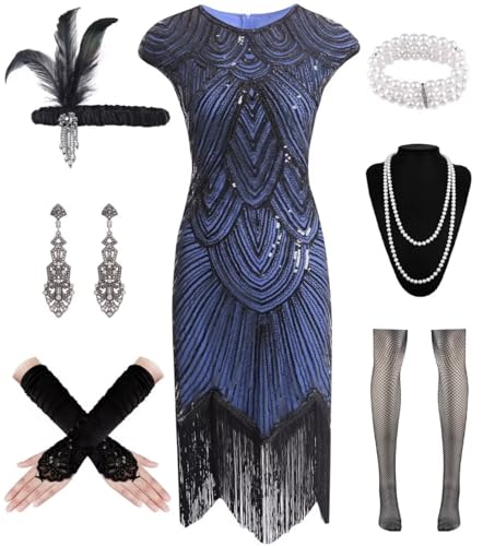 WILDPARTY 20er Jahre Kostüm Damen Charleston Kleid, Flapper Kleid mit Pailletten Perlen Fransen Netzstrümpfe, Kleider 20er Jahre Accessoires,...