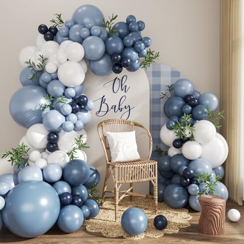 Blue Balloon Arch Kit 124Pcs Navy Blue Double Stuffed Dusty Blue White Balloons for Blueberry Theme Wedding Baby Shower Bridal Shower Birthday Party Decorations