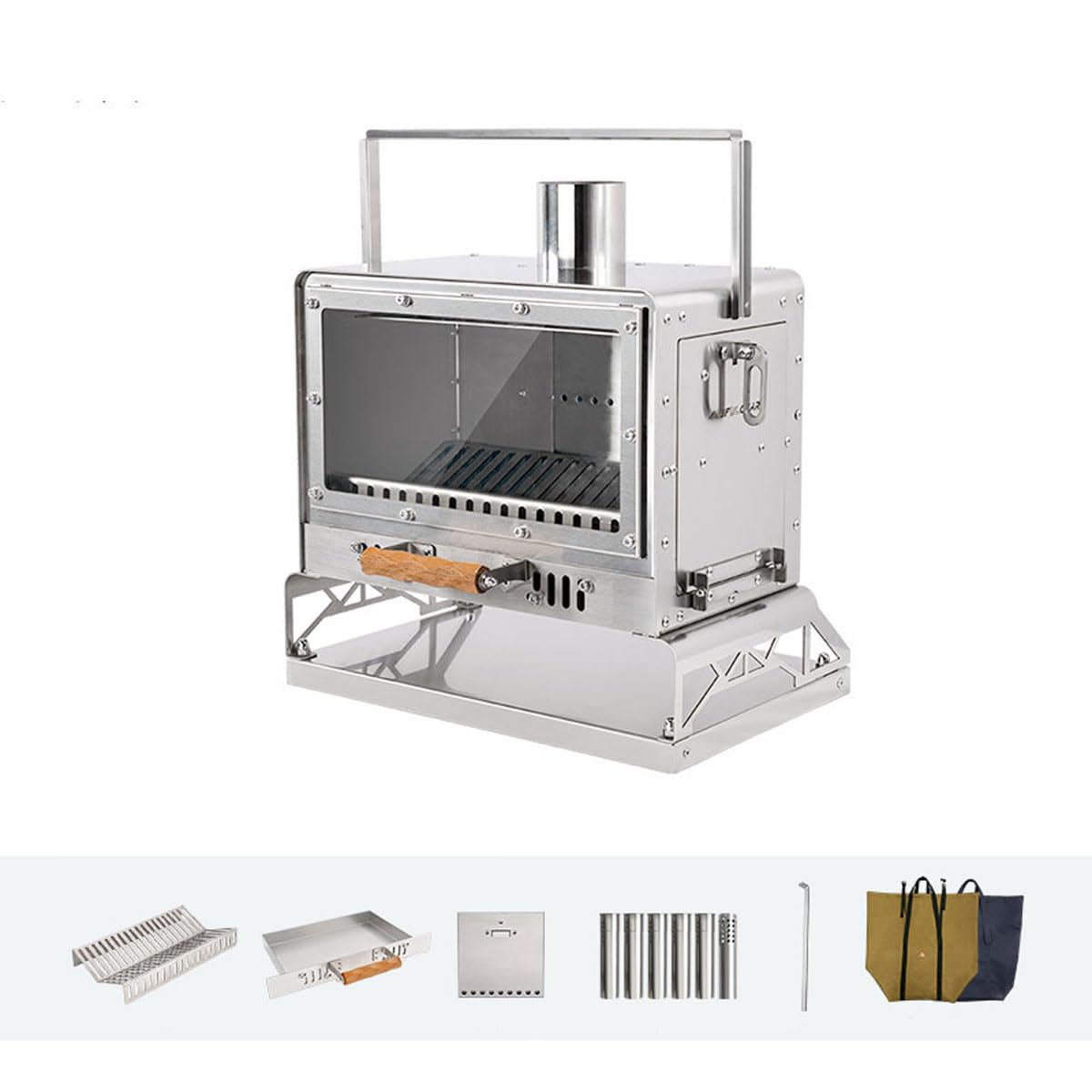 Réchaud de camping portable – Cheminée à bois en acier inoxydable avec grille de feu, idéal pour le chauffage de la maison, le barbecue, la randonnée et la pêche sur glace