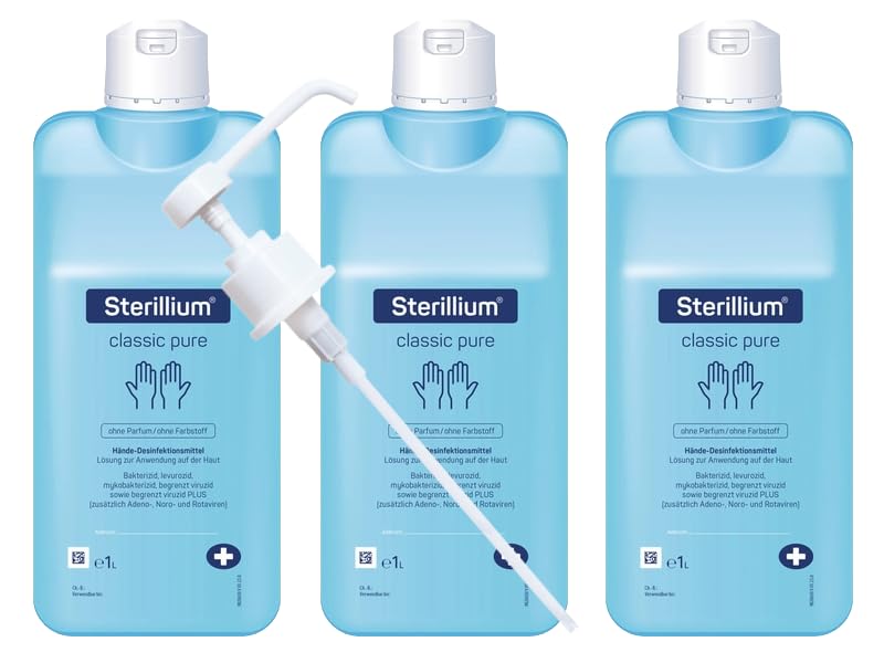 Bode Sterillium Classic Pure Händedesinfektionsmittel farbstoff- und parfümfrei für hygienische Händedesinfektion 3 x 1000 ml inkl. Dosierpumpe