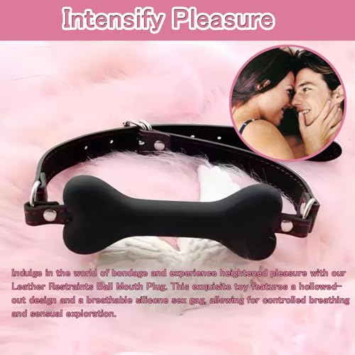 Image of Leather Restraints Ball Mouth Plug Silicone Bondage Ball Gag Dog Bone Mouth Gag Black Pet Bone Bite Ball Gag Bondage Silicone Restraint Slave SM Game for Lover Couple (D02)