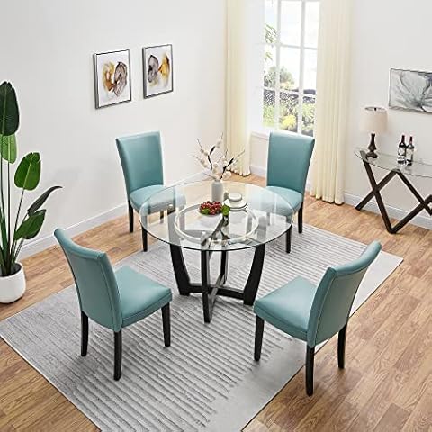 VERDANTREE Parsons Dining Chair Set of 4 with Faux Leather Upholstered, Dining Room Chair with Solid Wood Leg, Kitchen Chair, Modern Accent Chair with Cushion, Office Chair, Light Blue CY1331LB Cover