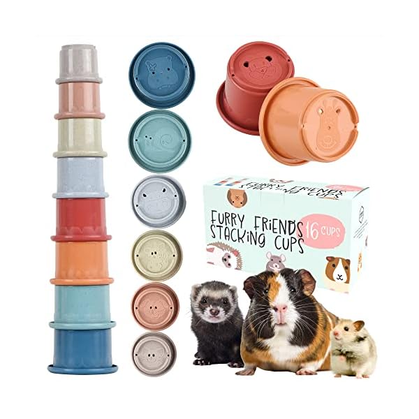 [2 pack] small pets & bunny stacking cups - cups for rabbits & chinchillas - guinea pig & parrot enrichment toys - colorful wheat straw rabbit toys - graduated sized stackable toys for rabbits - 16 pc