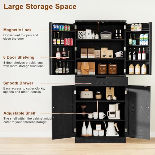 Image of GRUSIGN 72 inch Tall Storage Cabinet, Kitchen Pantry Cabinet with Adjustable Shelves & Sturdy Steel Frame, Farmhouse Pantry Storage with 4 Barn Doors for Kitchen, Dining Room, and Living Room, Black