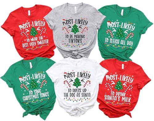 Personalized Most Likely to Christmas 2025 Shirts - Funny Matching Family T-Shirts with 50+ Quotes Custom Holiday Tees for Parties Reunions Couples & Vacations - Multicolor
