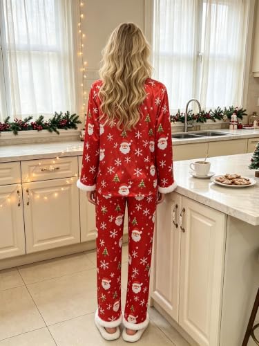 Image of Women Silk Pajamas Set Satin Long Sleeve Feather Trim 2PCS Loungwear