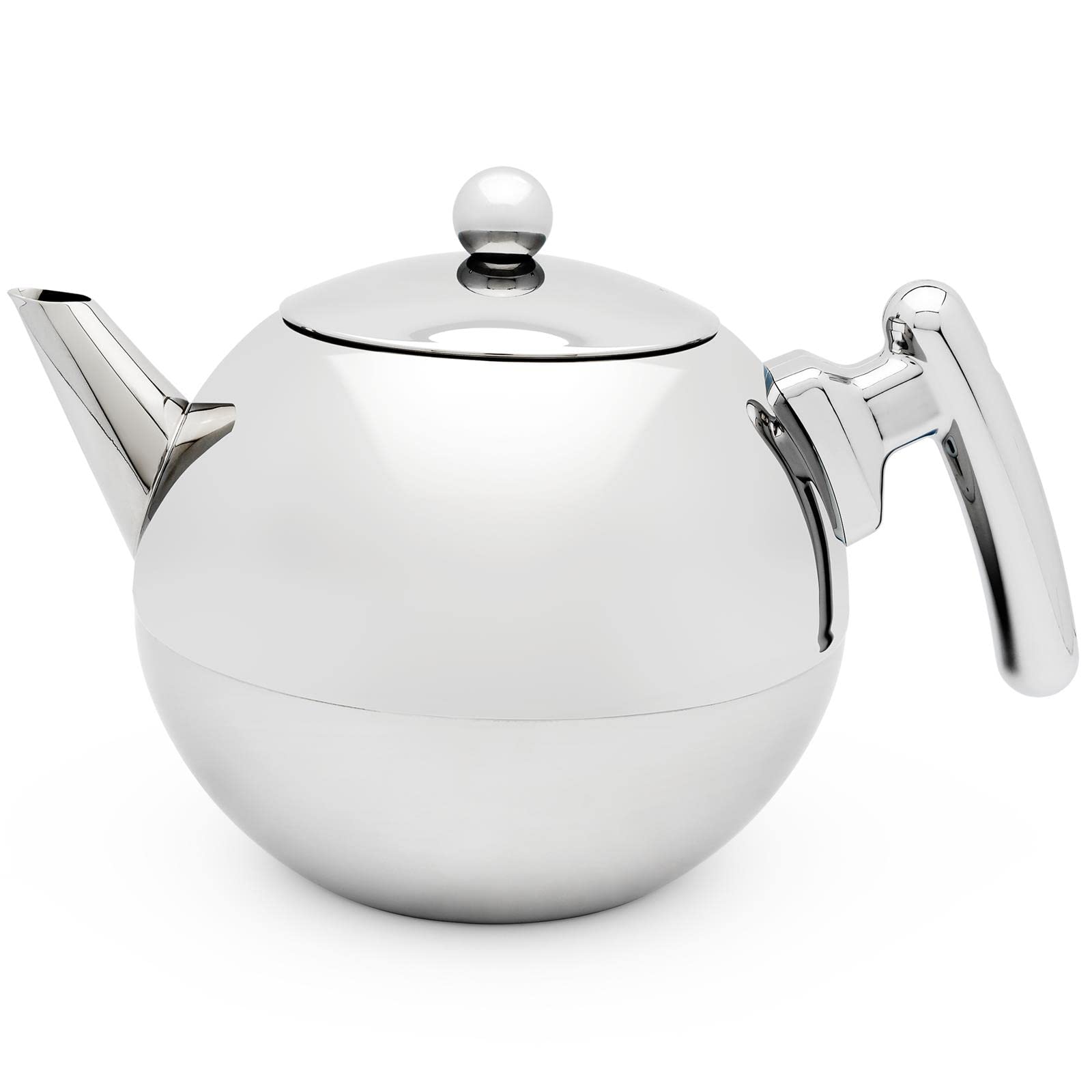 Bredemeijer Bella Ronde Edelstahl-Teekannen-Set 1,2 L - Doppelwandige Edelstahlkanne in Kugelform, silber - Mit schwarzem Untersetzer & Tee-Filter Sieb-Aufsatz - ideal für Teebeutel & losen Tee