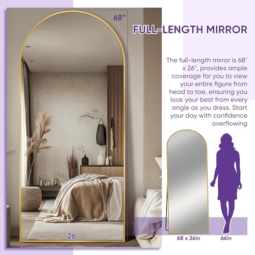Full Length Mirror, 68"x26" Arched Floor Mirror Freestanding, Floor Standing Full Body Mirror with Stand for Bedroom, Hanging Mounted for Living Room Cloakroom, Gold