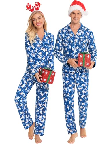 SWOMOG Family Christmas Pajamas Set Women & Men & Kids Long Sleeve Pj Set Party Sleepwear Button-Down Loungewear Set Women Blue With Polar Bear Small2