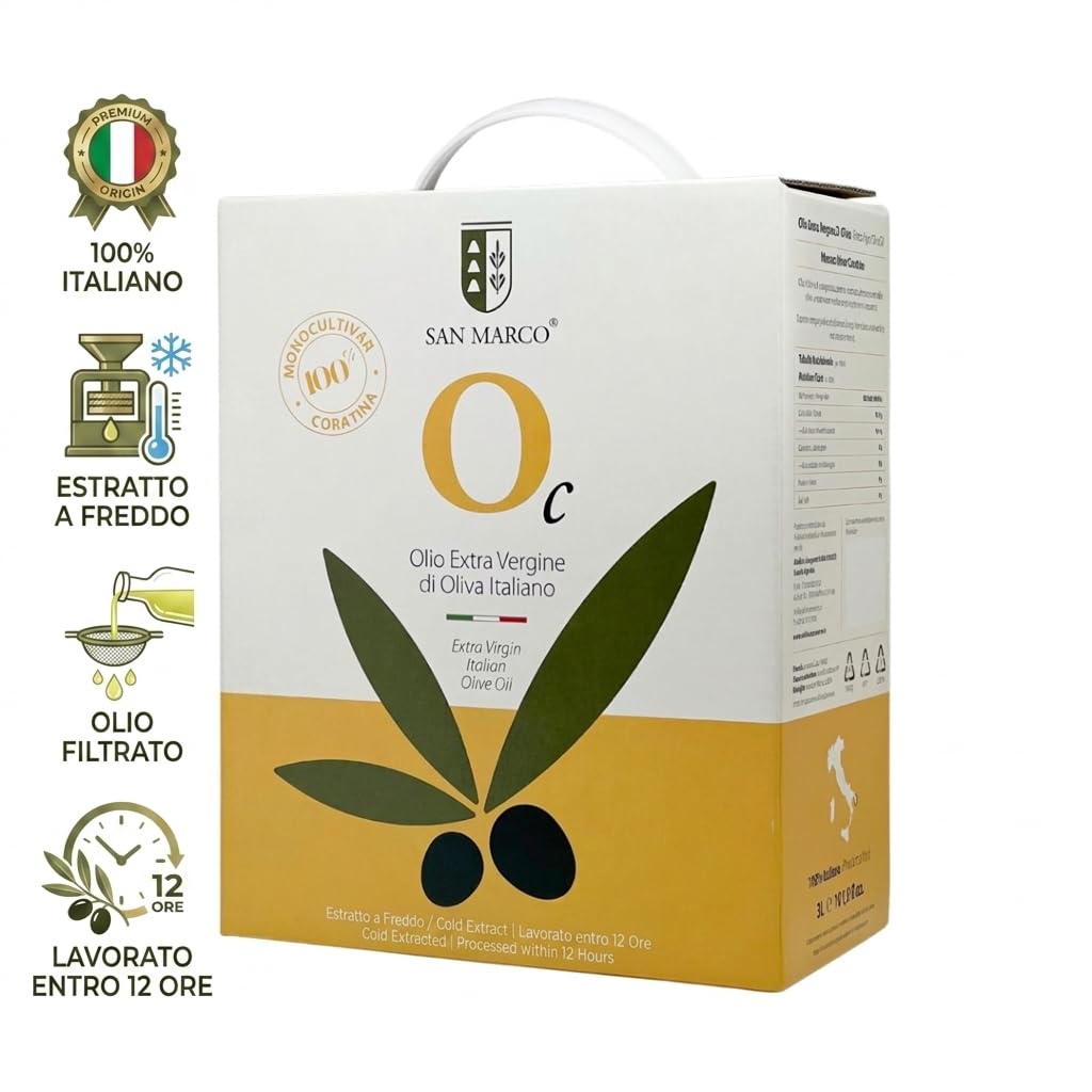 San Marco - Olio Extravergine di Oliva 100% Italiano - Estratto a Freddo - Olio EVO di Categoria Superiore Monocultivar Coratina – Bag in box da 3 litri