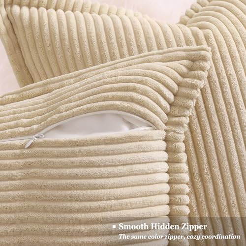 decorUhome Corduroy Beige Throw Pillow Covers 16x16 Set of 2 Decorative Soft Boho Striped Neutral Euro Farmhouse Couch Pillow Cases with Broadside for Living Room Bed Sofa