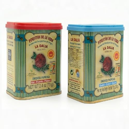 LalolaGourmet - Smoked Paprika Powder - Sweet & Hot -Set 2 x 70g Tins with Dispensing Lid - Premiun Quality from La Vera D.P.O. -Authentic Spanish Taste