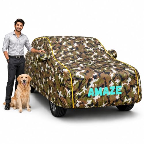Image of Waterproof Car Cover for Amaze | Soft Cotton Lining Heavy Duty Triple Stitched Heat Resistant Outdoor Cover Comes with Mirror and Antenna Pocket Full Bottom Elastic (Zig Zag Jungle)
