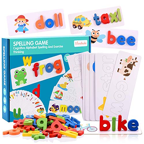Giochi Ortografia, Spelling Imparare Giocattoli, Spelling Word Puzzle Gioco Set, Lettere in legno giocattolo con schede flash,Giocattoli Learning Educational Montessori Regalo per Bambini Piccoli