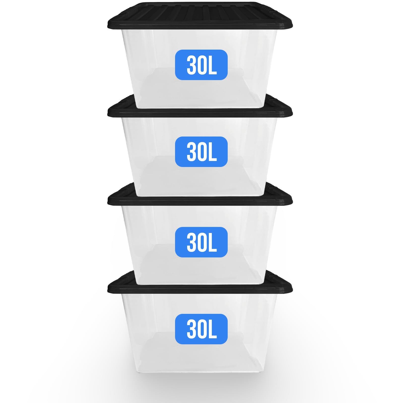 KAPCO Plastic Boxes for Storage – 30L (4 Pack) | Medium Clear Plastic Containers with Black Lids – Heavy Duty, Shatter-Resistant & Dustproof | Ideal for Toy Storage, Shoes, Moving Boxes | 30 Litre