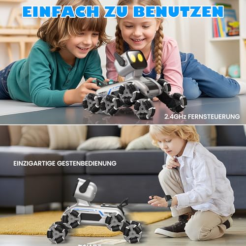 SIMREX Roboter Hund RC Stunt Auto Spielzeug - interaktive Fernbedienung Auto mit Gestentensteuerung & Mecanum Räder, LED-Augen, 3 Soundeffekte, Geburtstagsgeschenk für Kinder Jungen Mädchen Alter 6+
