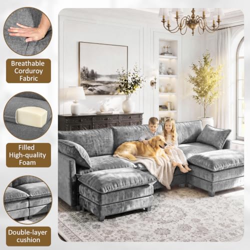 Image of 112 inch U-Shape Modular Sofa with 2 Ottomans, Deep Seat Cloud Convertible Sleeper, 2 Arm Pillows, Cozy Upholstered Furniture for Living Room Apartment, Dark Grey