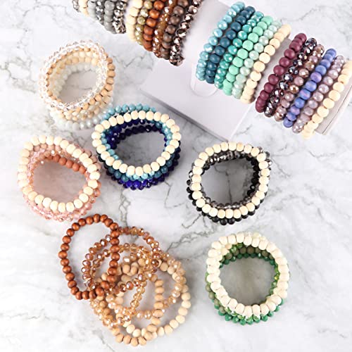 RIAH FASHION Bohemian Multi-Layer Beaded Stacking Statement Bracelets - Versatile Stretch Strand Wood Beads Wrap Slip-on Cuff Bangle Set3