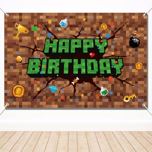 Image of Pixel Happy Birthday Backdrop, 47x32in /120x80cm Pixel Theme Party Decorations Video Game Banner Backdrop for Gaming Birthday Decor