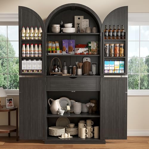 Image of iPormis 71 inch Tall Arched Cabinet with Doors, Farmhouse Kitchen Pantry with 6-Tier Door Shelves & Drawer & Adjustable Shelves, Modern Wood Storage Cabinet for Dining, Living Room, Bathroom, Oak Grey