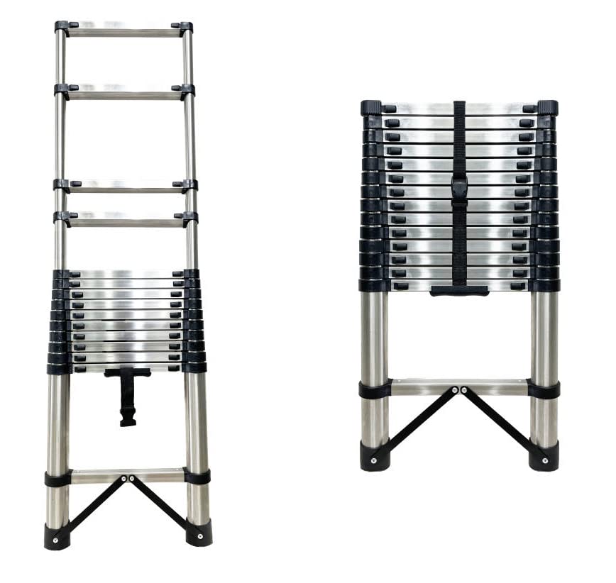 Image of Lukia 15-Steps (14.5 ft) Stainless Steel Telescopic Ladder with Leg Support