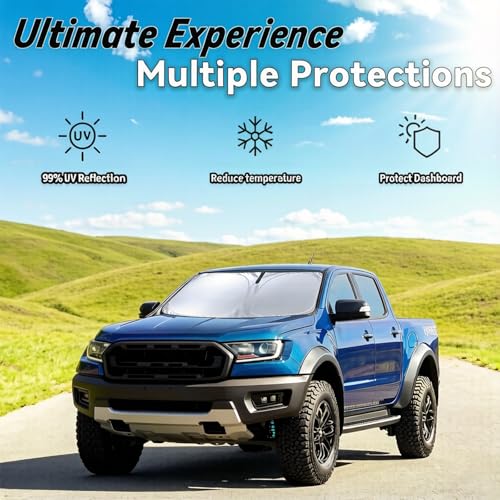 Image of Windshield Sun Shade for Ford Ranger 2019-2024, Car Front Window Sunshade with 240T Sun Visor Protector Blocks UV Rays Heat Sun Shield Accessories