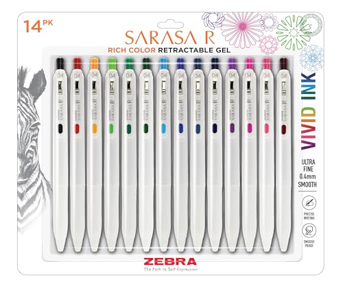 Zebra Pen SARASA R Vivid Gel Retractable Pen, Assorted Ink, 0.4mm, 14-Pack