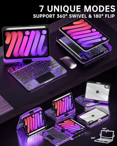 Image of Intermerge Keyboard Case for iPad mini 7 (A17 Pro, 2024) & Mini 6 (2021) 8.3 inch - 360 Swivel Multi-Touch Trackpad, 7-Color RGB Backlit Keys, Pencil Holder, Type-C Charging, Power Indicator-Neon Pulse