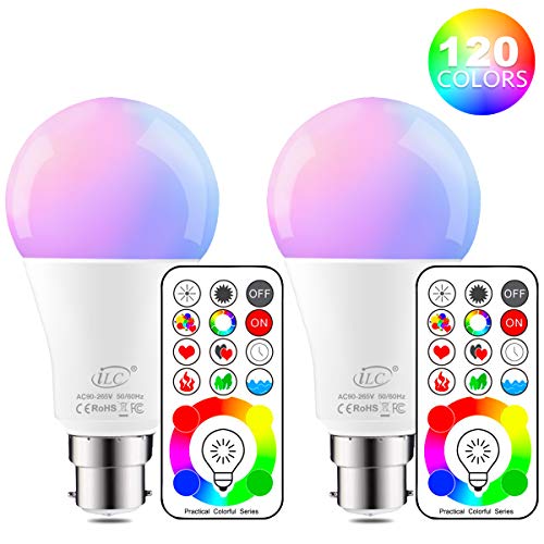iLC LED Ampoules de couleur Changement de Couleur Ampoule RGB+Blanc Baïonnette - 120 Choix de Couleur Dimmable - 10Watt B22 Types RGBW LED Ampoules - Télécommande Compris (Lot de 2)