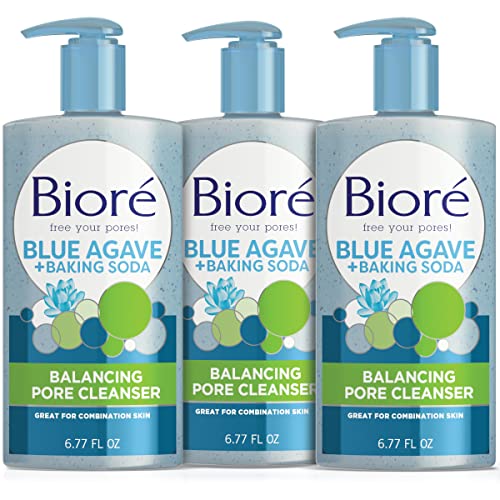 Bioré Daily Blue Agave + Baking Soda Face Wash, Balancing Pore Facial Cleanser for Combination Skin, to Penetrate Pores & Gently Exfoliate Skin, 6.77 Ounce (Pack of 3) White