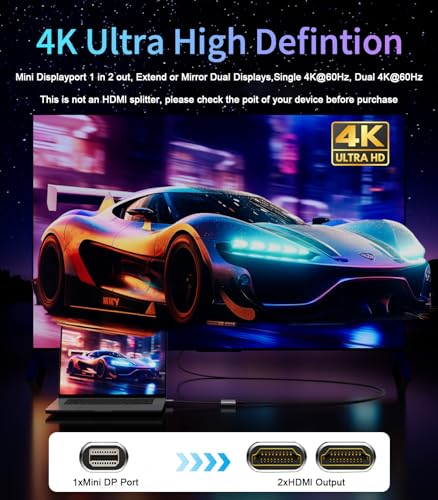Image of Mini DisplayPort to Dual HDMI Adapter,4K@60Hz MST Hub | HDMI Splitter Extended Display for Dual Monitor,[Thunderbolt1 /2 Compatible] for MacBook Pro /Air, iMac, Mac mini, Surface Pro