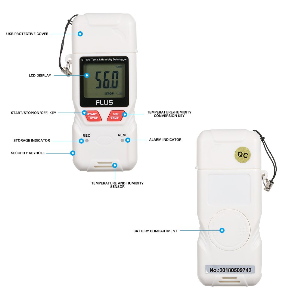 Registrador de datos de humedad y temperatura USB con pantalla LCD - Termómetro digital de alta precisión y registrador higrómetro - Capacidad de 25000 puntos de datos - Rango