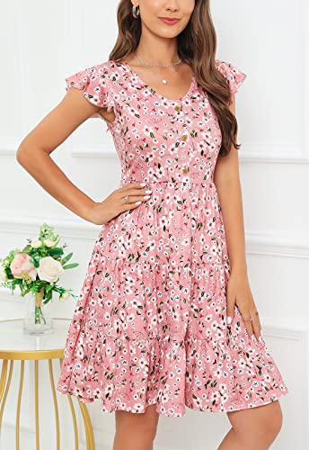 Image of Lamilus Summer Dresses for Women 2026 Ruffle Sleeve V Neck Non-See Through Tiered Babydoll Mini Dress Graduation Beach