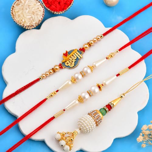 Image of CraftVatika Rakhi Set of 4 for Brother and Bhabhi Kids with Chocolate Gift Hamper with Ferrero Rocher Chocolate, Krishna Lumba Pearl for Bhai Kids Bhaiya,