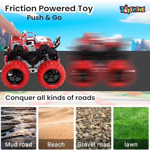 Image of Toyshine Friction Powered 4x4 Big Wheel Monster Rock Crawler Small Zap Car Toy with Rubber Wheels |Spring Shock Absorber Suspension with Push and Go Feature for Kids 3+,Red
