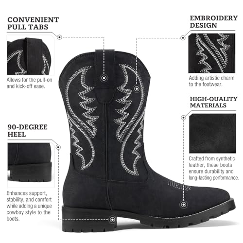 Image of Rollda Cowboy Boots for Men Western Boots Men's Square Toe Chunky Heel Mid-Calf Boots Classic Embroidered Pull On Boots
