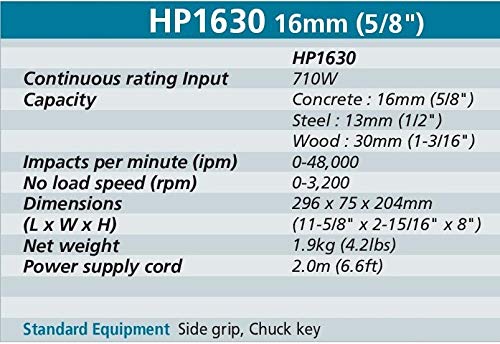 Makita HP1630 Specifications Table