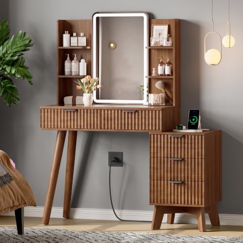 Image of Xixini Fluted Vanity Desk with LED Lights Mirror & Charging Station, Walnut