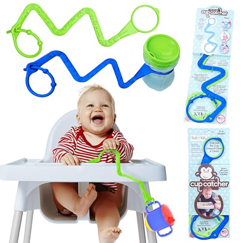 Brilli Baby Cup Catcher Patented Safety Tether Strap, Attach Sippy Cups, Bottles, Pacifiers &amp; More to Stroller, High Chair, Car Seat, Made in USA, Food Grade, Dishwasher Safe, Navy/Lime