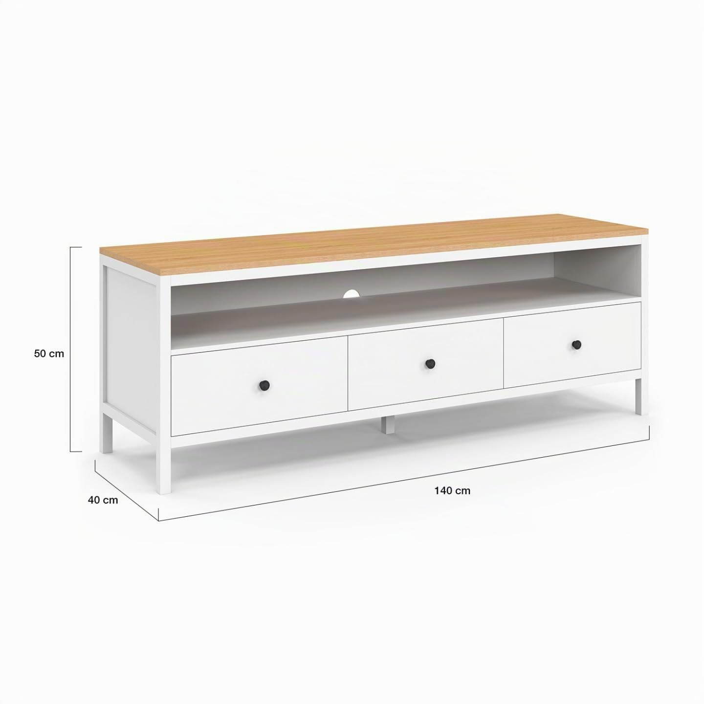 IDMarket - Meuble TV 140 cm Achille 3 tiroirs Blanc et Plateau Bois
