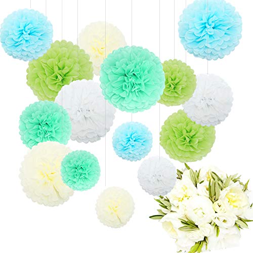 Himeland 15 Pompones de Papel de Seda, Flores de Papel Decorativos, Pom Pom Papel Decoración para Fiestas, Ceremonia de Boda, Cumpleaños, Festividades, Comunion, Habitacion Infantil-Verde Cover