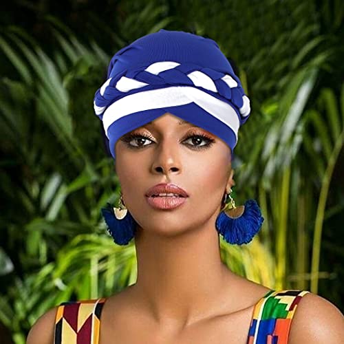Woeoe Braid African Turban Blue Pre-Tied Head Wrap Soft Elastic Head Scarf Stretch Beanie Cap Headwear For Women And Girls(Blue+White) #TOP6