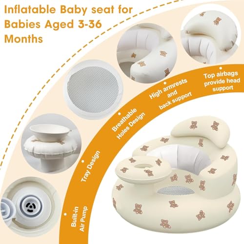 Image of Inflatable Baby Seat with Tray and Built-in Air Pump, 3-36 Months Baby Floor Seat for Sitting Up, Portable Baby Chair for Feeding, Travel, BeachKids Learning to Sit Feeding Shower Safe